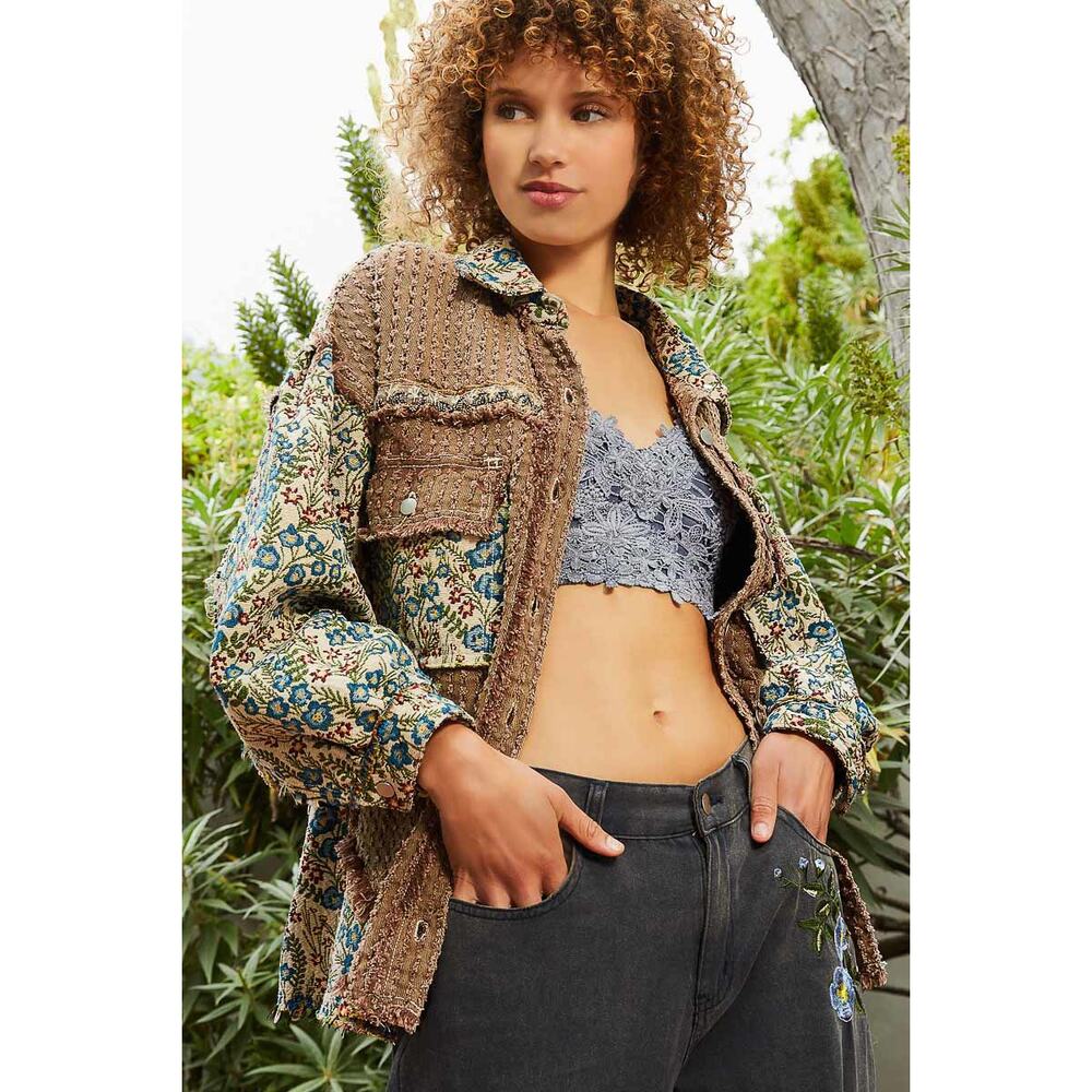 POL Chocolate Multi Oversized Jacquard Tapestry Button Down Floral Print Shacket